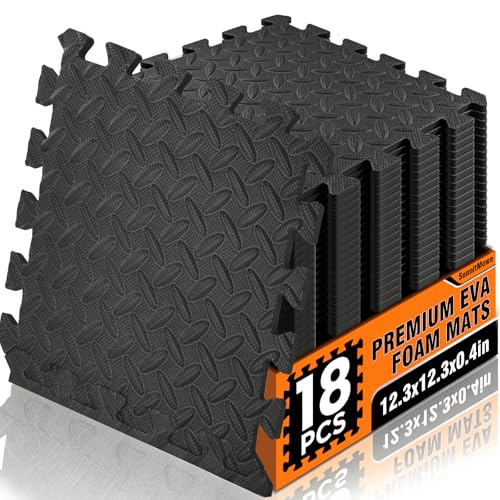 18 Tiles EVA Puzzle Exercise Floor Mats Set, Interlocking Foam Gym Tiles | 12.6"x12.6"x0.4", Water-Resistant Flooring for Home Gym, Workout Equipment, Kids' Play Areas, Garage Playroom - Black