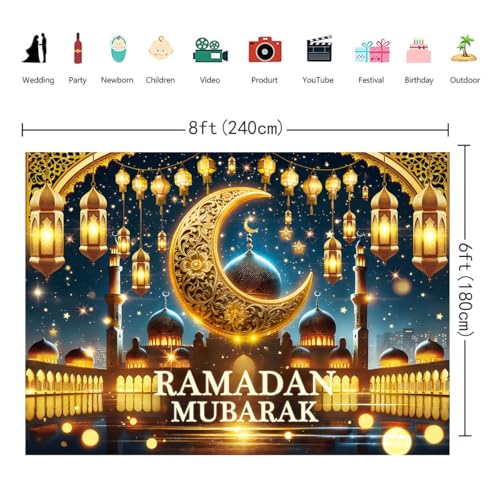 Ramadan Mubarak Backdrop Golden Crescent Moon Lanterns Mosque Banner Eid Mubarak Celebration Ramadan Decorations for Home Booth Prop (8x6FT) - size: 8x6FT
