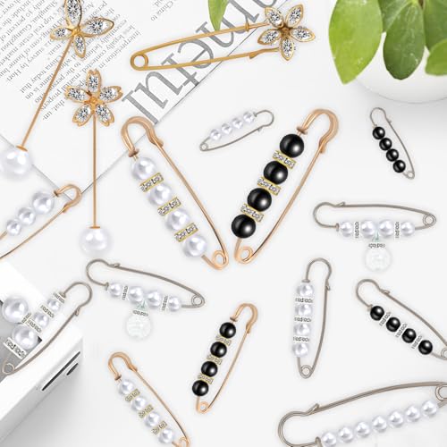 16 Pieces Pearl Crystal Brooch Safety Pins Hijab Pins Pant Waist Tightener Safety Pins for Clothes Sweater Shawl Collar Dress Cardigan Shirt Jeans Decoration Accessories for Women Girls