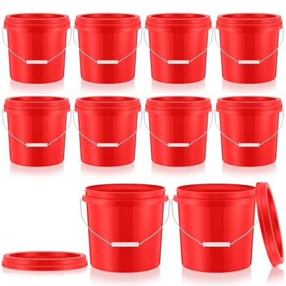 Tioncy 10 Pcs 2 Gallon Plastic Buckets with Lids and Handles,Red | Storage Pails for Paint, Cleaning, Organizing, Durable Containers, Metal Handles, Plastic Material - color: Red