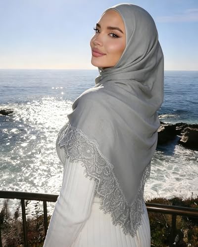 JUMISEE Elegant Floral Lace Hijab Scarf for Women Soft Cotton Head Wrap Instant Hijab Long Scarves Evening Dress Shawl - color: Gray
