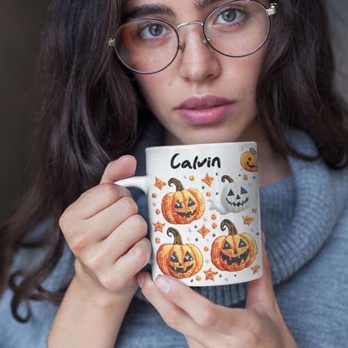 Personalized Sparkling Halloween Stickers Full Wrap Mug, Customized Name Coffee Cup 11oz 15oz, Customized Halloween Ghost And Pumpkin Ceramic Mug, Festive Autumn White Cup For Family - color: XUA-1124-3651-Halloween Mug