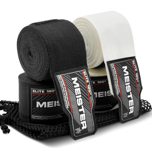 'Meister Elite 180'' Premium Adult Hand Wraps for MMA & Boxing - 2 Pair Pack w/Mesh Bag' | Premium double-woven elastic blend, maximum wrist support and knuckle protection for boxing, MMA and Muay Thai - color: Black & Vintage Ivory