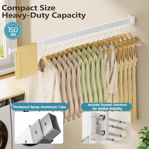 JAUREE Clothes Drying Rack Wall Mounted, Space-Saving Drying Rack Clothing, Collapsible Foldable Retractable Laundry Rack with 18 Hooks, Indoor/Outdoor, White - color: White