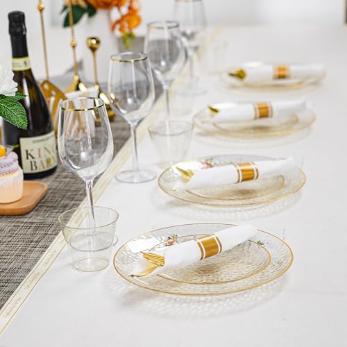 HOMIP 350 PCS Plastic Dinnerware Set (50 Guests), Clear Party Plates Include 50 Dinner Plate, 50 Dessert Plate, 50 Cups, 50 Gold Cutlery Set And Pefect for Party and Wedding - size: 350PCS