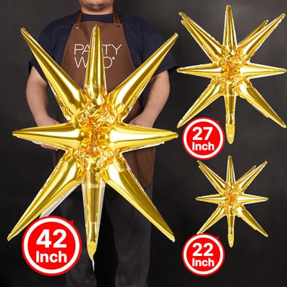 PartyWoo Metallic Gold Star Spike Balloons 10pcs Explosion Foil Balloons - color: Gold, size: 10 PCS - 42&27&22 Inch
