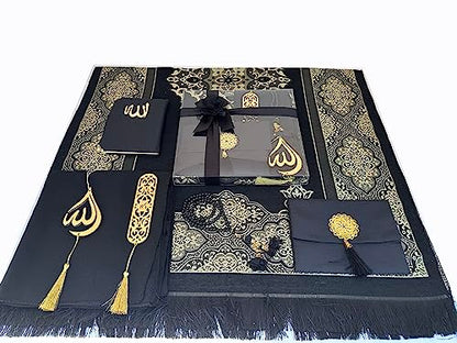 SAIKA Muslim Prayer Rug, 7 in One Gift Set, Prayer Mat Surah Book, Tasbeeh, Scarf, Surah Case, Bookmark, Car Mirror Hanger, Prayer Beads,Islamic Gift for Umrah, Hajj, Wedding, Janamaz (Black) - color: Black