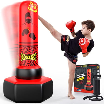 ODOSOLA 67'' Inflatable Punching Bag Freestanding for Kids Aged 3-12 – Heavy Duty Boxing Set for Karate & Taekwondo, Stable Boxing Bag Active Kids Toy, Christmas Birthday Gift for Boys and Girls - color: 레드