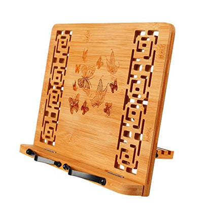 MEGREZ Book Stand for Reading (13.2 x 9.4 inch) Bamboo Cookbook Stand Holder for Kitchen, Adjustable Book Holder Stand for Tablet/Textbook Holder/Hollow Bookrest Stand, Butterflies - color: Butterflies
