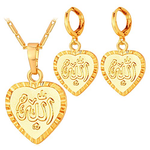 U7 Allah Necklace for Women/Men, 18K Gold Plated Square/Oval/Coin/Heart/Crescent Moon Islamic Pendant Necklace Muslim Jewelry with Chain - color: 07.Heart Necklace+Earrings Gold