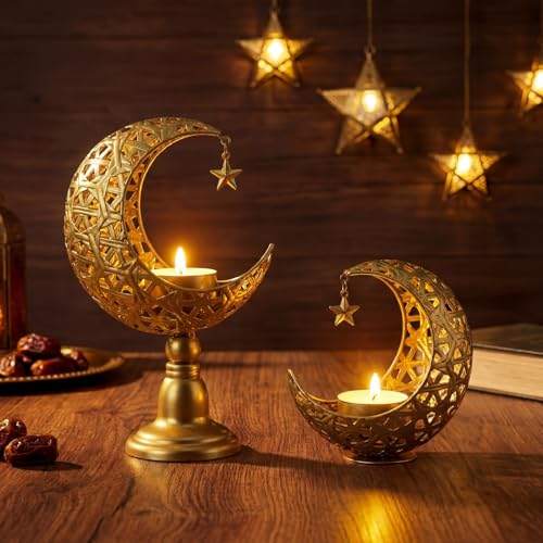 2 Pcs Ramadan Decorations for Home Golden Moon Shape Candle Holder Metal Candlestick Holder Eid Mubarak Table Centerpiece Decor for Birthday Wedding Church