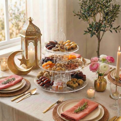 Iwa Concept Ramadan 3-Tier Dessert Stand with Dome Silhouette – Eid Mubarak Table Centerpiece, Islamic Acrylic Tower for Dates, Sweets & Pastries, 12in or 17.7in, 4 Colors - color: Transparent, size: 11.81" x 11.81