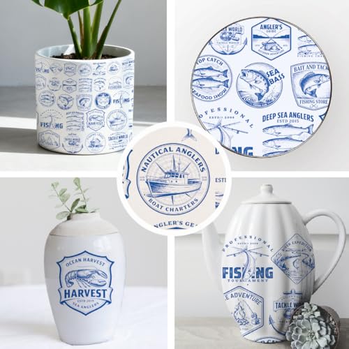 SUPERDANT 5 Pcs Fishing Underglaze Paper Transfer Fish Angler Transfer Papers for Clay Ceramic Porcelain Under Glaze Transfers for Pottery Enamel Decals Blue Underglaze Decal Handcrafted Gifts - style: Fishing