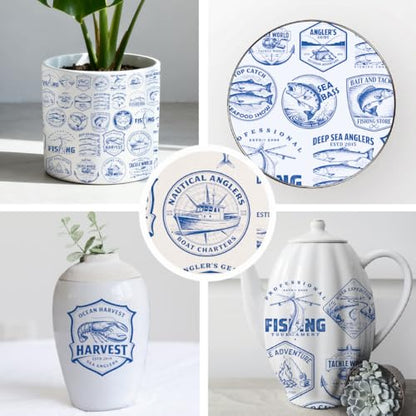 SUPERDANT 5 Pcs Fishing Underglaze Paper Transfer Fish Angler Transfer Papers for Clay Ceramic Porcelain Under Glaze Transfers for Pottery Enamel Decals Blue Underglaze Decal Handcrafted Gifts - style: Fishing
