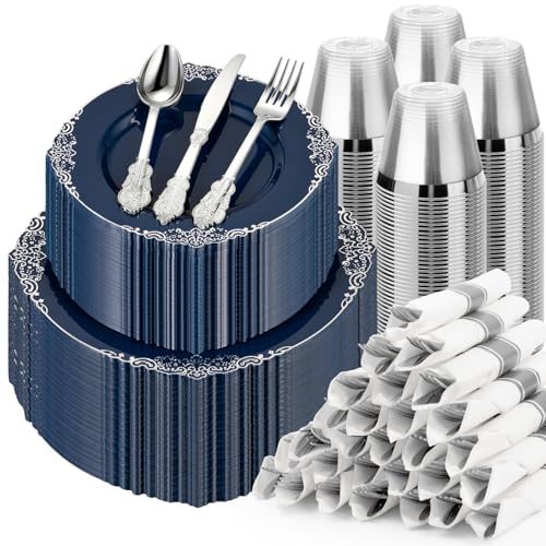 Bestluck 700PCS Navy Blue Disposable Dinnerware for 100 Guests - color: Navy Blue, size: 100 Guests Set