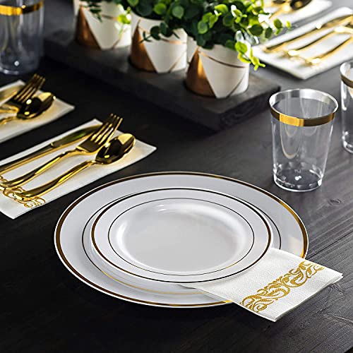 125 Piece Gold Dinnerware Party Set - 50 Gold Rim Plastic Plates, 25 Dinner 25 Dessert Plates, 25 Knives, 25 Forks, 25 Spoons - 25 Guest Disposable Set for Wedding Birthday Parties - color: Gold Rim