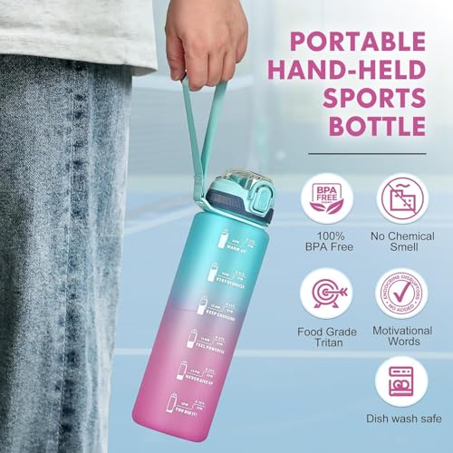 Water Bottle with Straw 1L,Boys Water Bottles with Straw 1 Litre,Waterbottle Leak-Proof Sports Water Bottle,Plastic Drinks Bottles Toxin Free，Bpa-Free (Cyan Pink) - color: 09-Cyan Pink