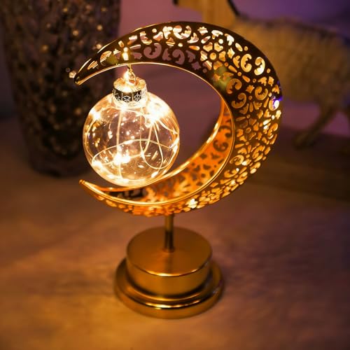 Crescent Moon Table Light with Hanging Star Ramadan Decorative Lamp Battery Operated Suitable for Home Bedroom Shop Dining Holiday Party Eid Festival Decoration