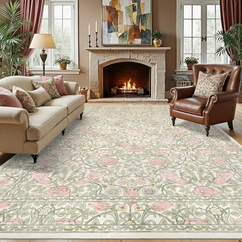 GarveeHome Pink and Green Vintage Floral Washable Rugs 8x10 for Living Room Boho Retro Botanical Rug Low Pile Stain Resistance Non Slip Carpet for Bedroom Nursery Dining Room - color: A Beige / Pink, size: 8' x 10' (Rectangular)