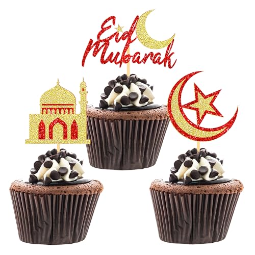 24 Pcs Eid Mubarak Cupcake Toppers for Eid Islamic Muslim Party Cake Decorations (Red Gold) - color: Red Gold