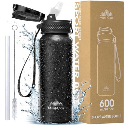 Mont-Clair Sport Water Bottle - 20oz Insulated Water Bottle with Straw - Patented Lid, BPA FREE, For Sports, Gym, Cycling, Bike - Quick Hydration - Black - color: Black