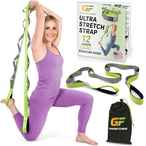 Gradient Fitness Stretching Strap for Physical Therapy, 12 Multi-Loop Stretch Strap 1.5" W x 8' L, Neoprene Handles, Physical Therapy Equipment, Yoga Straps for Stretching, Leg Stretcher. - color: Green/Grey