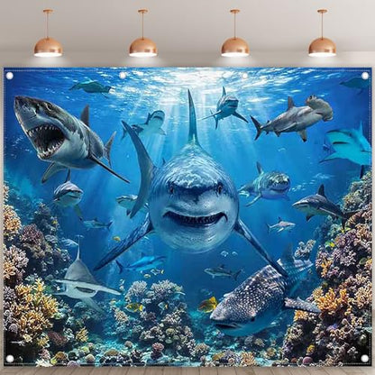10x8ft Shark Theme Under the Sea Photography Backdrop | Underwater World, Kids Party Supplies, Aquarium Coral Reef Shallows Banner, Deep Ocean Photo Booth, Polyester, Grommets, 1PC - size: 10'x8'
