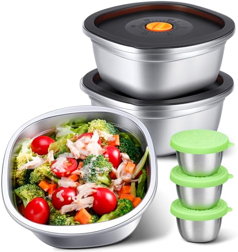6-Piece Stainless Steel Salad Bowl Set, 3 Bowls (50 oz) & 3 Dressing Cups - size: 3 Sets