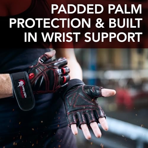 Dark Iron Fitness Genuine Leather Gym Gloves for Men Women, Wrist Wrap Support Workout Gloves for Weight Lifting Crossfit Deadlift Barbell Exercise Palm Padding Callus Protection Grips - size: Medium