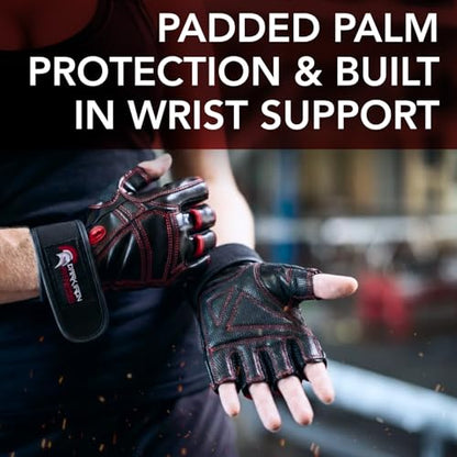 Dark Iron Fitness Genuine Leather Gym Gloves for Men Women, Wrist Wrap Support Workout Gloves for Weight Lifting Crossfit Deadlift Barbell Exercise Palm Padding Callus Protection Grips - size: Medium
