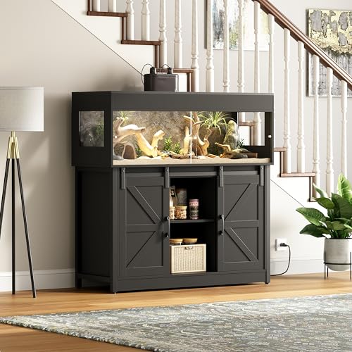 Herture 60 Gallon Reptile Terrarium with Stand Reptile Enclosure Tank | Terrarium Enclosure with Doors,Cabinet with Barn Door,Mesh Lid,Outlet – Vivarium Habitat for Medium Reptiles Black PX05RTB - color: Black, size: 60 Gallon