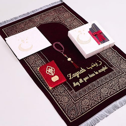 IEF Personalized Wedding Gifts Prayer Mat, Eid Gifts Quran Prayer Beads Set, Birthday Gifts for Women, Mother's Day Gifts Chenille Prayer Rug Pearl Prayer Beads Arabic Quran (Red)