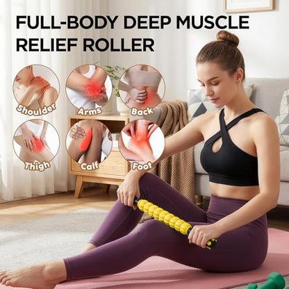 Muscle Roller & Massage Roller Stick for Athletes - Lymphatic Drainage Support, Relieves Muscle Soreness, Cramping & Tightness - Targets Legs, Arms, Back & Calves （Yellow） - color: Yellow