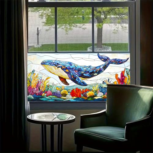 HOMETITUTE Whale Ocean Sea Life Privacy Window Film 39.3x17.7 Inch PVC - color: Animal Window Film#02