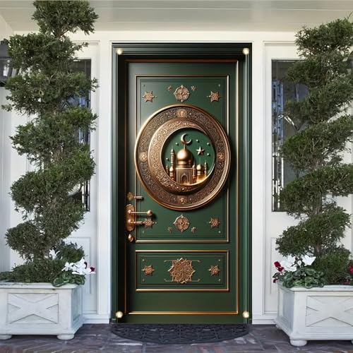 Islamic Mosque Door Cover Banner 71 x 35 Inch Green and Gold Ramadan Eid Decoration with Crescent Moon Star Dome Pattern for Front Door Indoor Outdoor Festival Decor - color: Style 1