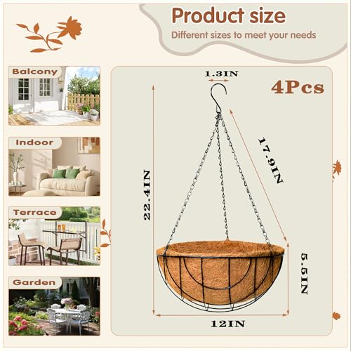 12 inch Metal Hanging Baskets for Plants Outdoor 4 Pack Round Metal Wire Hanging Basket Planter with Coco Fiber Liners Chain Round Wire Plant Holder for Garden, Patio, Deck, Outdoor(Grid) - size: 12 Inch, style: Grid