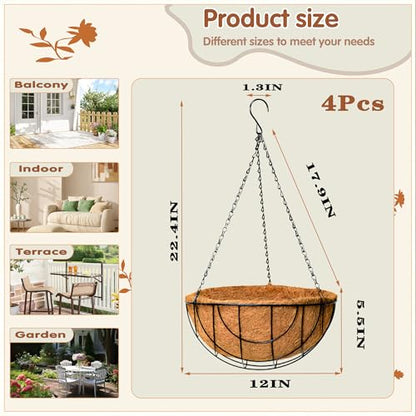 12 inch Metal Hanging Baskets for Plants Outdoor 4 Pack Round Metal Wire Hanging Basket Planter with Coco Fiber Liners Chain Round Wire Plant Holder for Garden, Patio, Deck, Outdoor(Grid) - size: 12 Inch, style: Grid