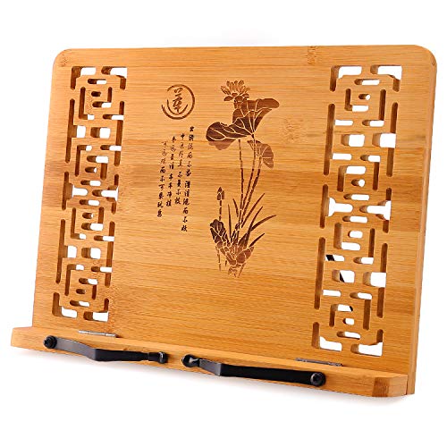 MEGREZ Book Stand for Reading (13.2 x 9.4 inch) Bamboo Cookbook Stand Holder for Kitchen, Adjustable Book Holder Stand for Tablet/Textbook Holder/Hollow Bookrest Stand, Language of Lotus - color: Language of Lotus