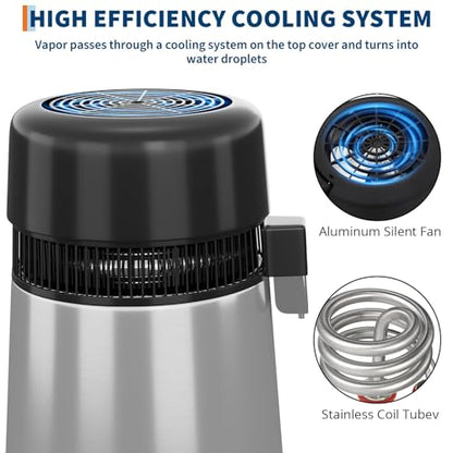 4L Countertop Stainless Steel Distilled Water Purifier, Distilled Water Making Machine with Glass Container, Ideal for Household, Workplace, Lab, and Aquarium Usage-Silver - color: Silver