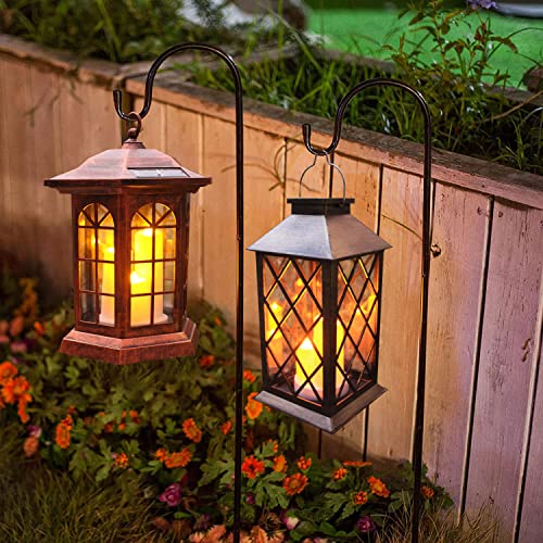 Solar Outdoor Lantern, Garden Hanging Waterproof Lanterns PVC Upgrade 3 LED Flickering Flameless Candle Decorative for Garden Women Mom Grandma Halloween Gifts (Grid Candle) - style: grid candle