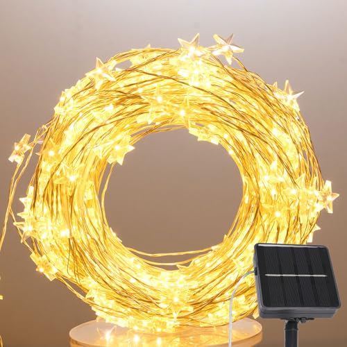 40FT 120 LEDs Solar Star Lights Outdoor,Silver Wire,Warm White