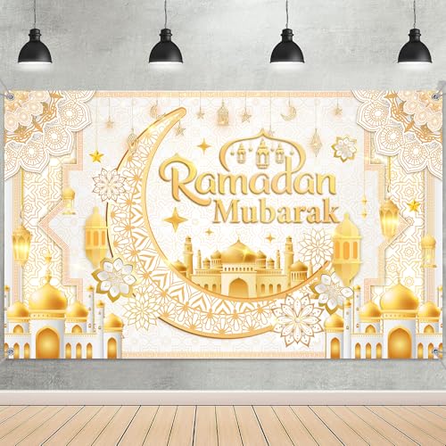 Ramadan Mubarak Decorations Backdrop Banner - Eid Mubarak Wall Decor Background with Crescent Moon Mosque Pattern, Ramadan Party Decoration Photo Booth Supplies (White Gold) - color: White Gold
