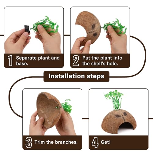 SINKOO Hermit Crab Shells Natural Coconut Shell Hut Artificial Plants 19 PCS Decoration Supplies House Tank | Coconut Shell Hut Artificial Plants Decoration Supplies House Tank