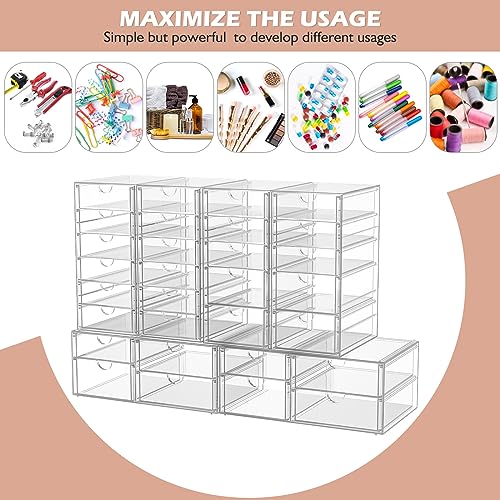 4-Pack 22-Drawer Acrylic Storage & Makeup Organizer for Desk | Smooth-glide drawers, clear acrylic, stackable, dustproof, wipe clean, for office supplies, pens, paper clips, thumb drives - size: 22 Drawers