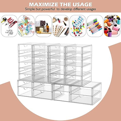 4-Pack 22-Drawer Acrylic Storage & Makeup Organizer for Desk | Smooth-glide drawers, clear acrylic, stackable, dustproof, wipe clean, for office supplies, pens, paper clips, thumb drives - size: 22 Drawers