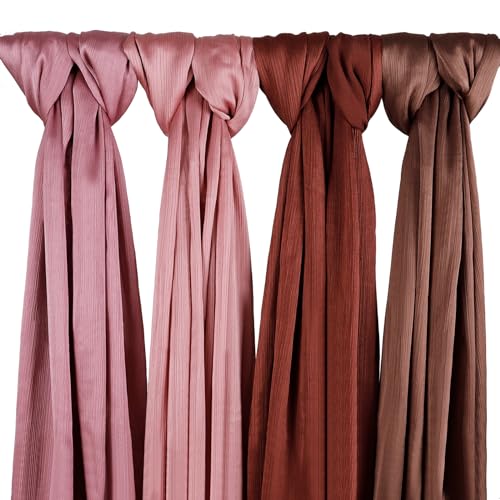 Febfim 4PCS Muslim Women Natural Wrinkle Long Satin Crepe Hijab Set Scarves Smooth Crinkle Ladies Shawl Wrap Set - color: Color 3