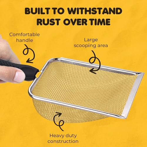 SunGrow Reptile Sand Scoop, Stainless Steel Sifter for Lizard, Gecko & Snake Habitat, Substrate Scoop, Non-Slip Handle, Fine Mesh Scooper for Clumping Sand – Not Suitable for Pellet or Crystal Litter
