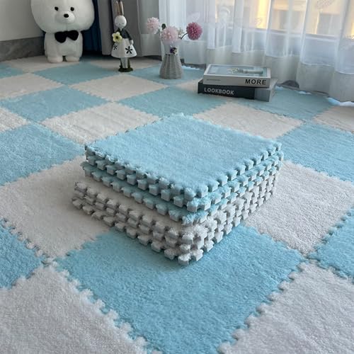12 PCS Thickened Plush Interlocking Floor Mat Fluffy Square Tiles with 16 Edgings Soft Anti-Slip Puzzle Area Rug for Room (Sky Blue) - color: Sky Blue