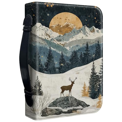 Bible Cover Case for Women, PU Leather Large Bible Cases with Zipper Fits Books Up to 12" x 9" x 2.76”, Bible Carrying Bag for Men, Mountain Deer - color: Mountain Deer