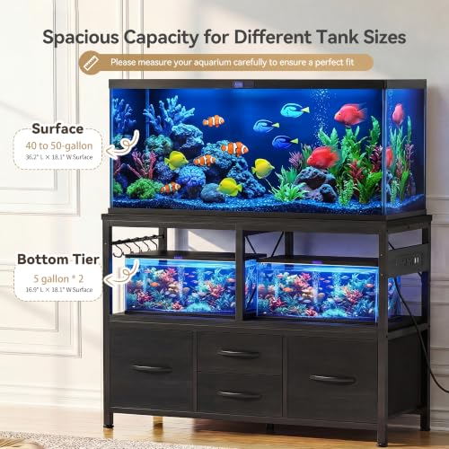 Heybly 40-50 Gal Fish Tank Stand with Drawer, Power Outlet, Black HAS004BK | Aquarium Stand, Heavy Duty, for Fish Tank, Turtle & Reptile Terrarium, 36.2" L × 18.1" Top, 660lbs (Top)+330lbs(Mid) - color: Black, size: 40-50 gal